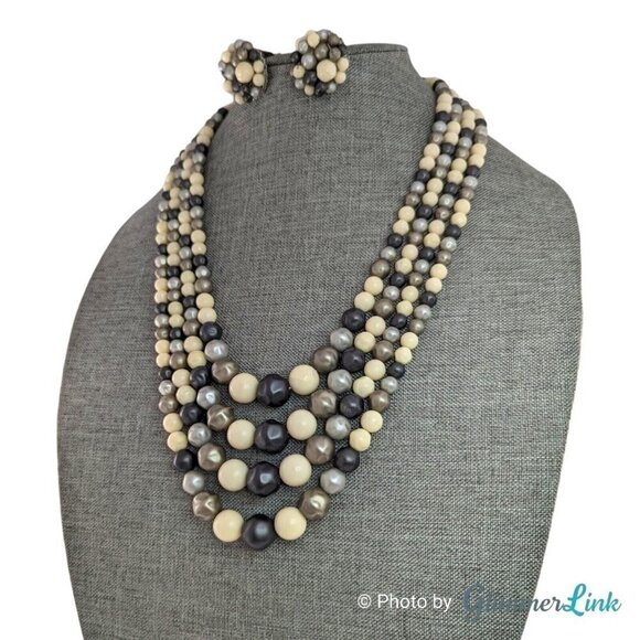 Vintage 50s Japan 4 Strand Gray & White Necklace Cluster Clip On Earrings - Picture 4 of 13